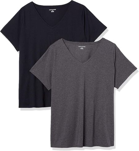 Amazon Essentials Women's Classic-Fit 100% Cotton Short-Sleeve V-Neck T-Shirt (Available in Plus Size), Pack of 2 in Saudi Arabia