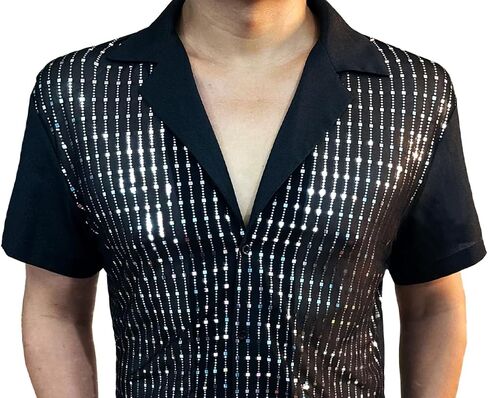AIBEIX Mens Mesh Sequins See Through 70s Disco Long Sleeve Button Down Shirts in Saudi Arabia