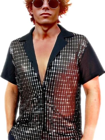 AIBEIX Mens Mesh Sequins See Through 70s Disco Long Sleeve Button Down Shirts in Saudi Arabia