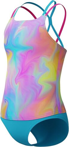 Speedo Girls' Standard Swimsuit Two Piece Tankini Thin Strap, Wavy Enamel Blue in Saudi Arabia