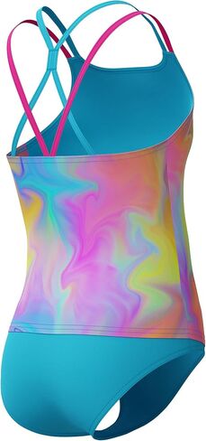 Speedo Girls' Standard Swimsuit Two Piece Tankini Thin Strap, Wavy Enamel Blue in Saudi Arabia