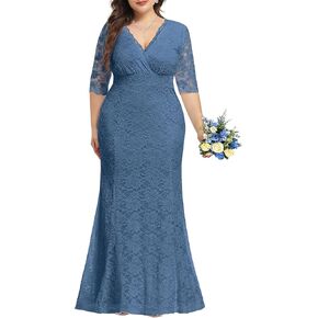 Women's Plus Size Wedding Prom Gown Evening Party Bridesmaid Floral Lace Long Wrap V Neck Mermaid Dress in Saudi Arabia