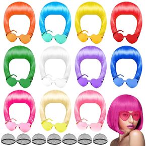 PLULON Party Wigs and Sunglass Set, Neon Short Bob Wig Sunglass Pack Costume Colorful Cosplay Wig Daily Party Hairpieces