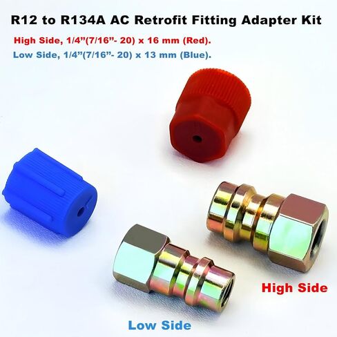R12 to R134A AC Retrofit Fitting Adapter Kit, R12 R22 to R134A High/Low Fitting Port Retrofit 1/4’’ to 7/16"-20 UNF Conversion Adapter,Fits for AC Air Conditioner Refrigerant in Kuwait