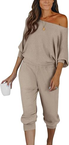 PRETTYGARDEN Women's 2 Piece Ribbed Tracksuit Outfits Off Shoulder Long Sleeve Pullover Lounge Pants with Pockets in Kuwait