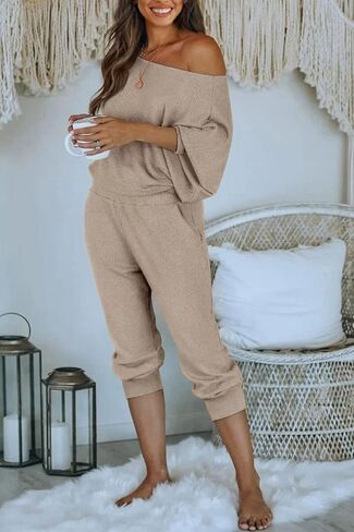 PRETTYGARDEN Women's 2 Piece Ribbed Tracksuit Outfits Off Shoulder Long Sleeve Pullover Lounge Pants with Pockets in Kuwait