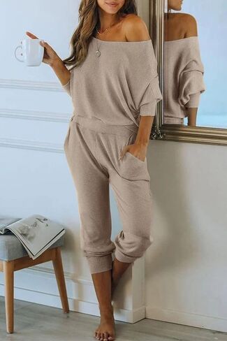 PRETTYGARDEN Women's 2 Piece Ribbed Tracksuit Outfits Off Shoulder Long Sleeve Pullover Lounge Pants with Pockets in Kuwait