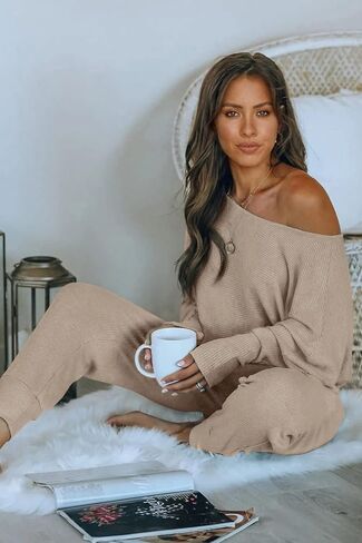 PRETTYGARDEN Women's 2 Piece Ribbed Tracksuit Outfits Off Shoulder Long Sleeve Pullover Lounge Pants with Pockets in Kuwait