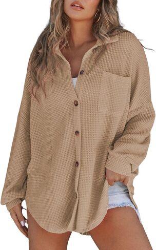 SHEWIN Womens Waffle Knit Button Down Shirts Casual Long Sleeve Shacket Jacket Boyfriend Tops Blouses Loose Fit in Kuwait