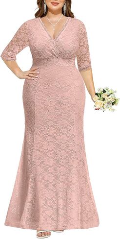 Women's Plus Size Wedding Prom Gown Evening Party Bridesmaid Floral Lace Long Wrap V Neck Mermaid Dress in Saudi Arabia