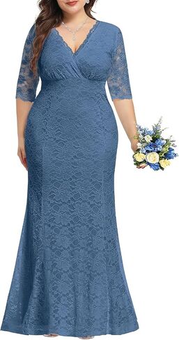Women's Plus Size Wedding Prom Gown Evening Party Bridesmaid Floral Lace Long Wrap V Neck Mermaid Dress in Saudi Arabia