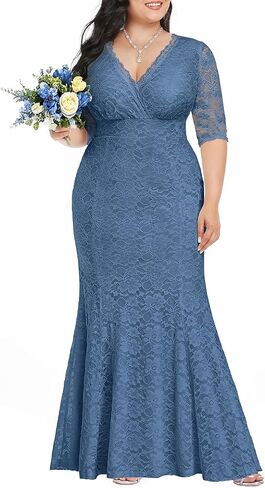 Women's Plus Size Wedding Prom Gown Evening Party Bridesmaid Floral Lace Long Wrap V Neck Mermaid Dress in Saudi Arabia