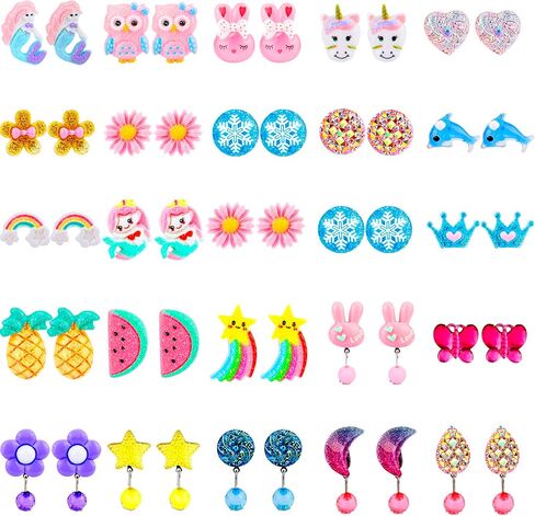 Hicdaw 25Pairs Kids Clip On Earrings Clip On Earrings for Girls Play Earrings for Party Favor Kids Princess Play Jewelry in Saudi Arabia