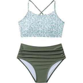 SHENHE Girl's 2 Piece High Waisted Bikini Sets Criss Cross Spaghetti Strap Swimsuit Bathing Suit