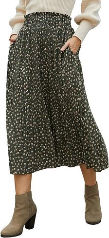 Exlura Womens High Waist Polka Dot Pleated Skirt Midi Swing Skirt with Pockets Red Large in Kuwait