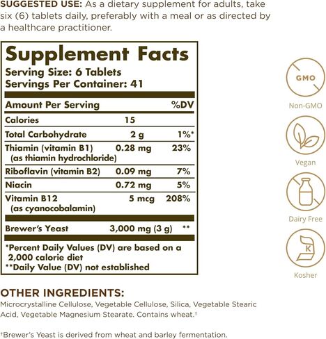 Solgar Brewer's Yeast 7 ½ Grains with Vitamin B12 - 250 Tablets, Pack of 2 - Non-GMO, Vegan, Dairy Free, Kosher - 82 Total Servings in Saudi Arabia