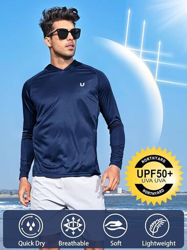 NORTHYARD Men's UPF 50+ Shirts UV Rash Guard Long Sleeve Sun Protection Swim Hoodie Shirt Lightweight for Hiking Running Navy L in Saudi Arabia