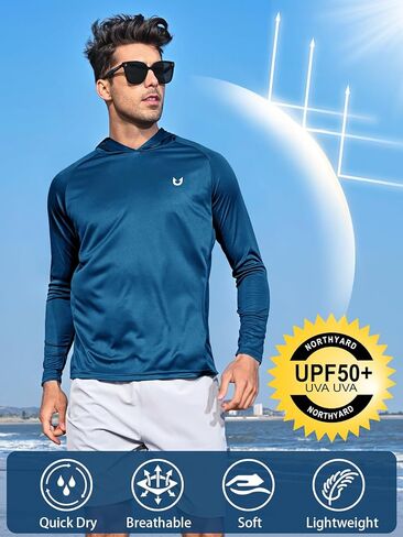 نورث يارد قميص بغطاء للرأس باكمام طويلة وعامل حماية من الاشعة فوق البنفسجية بعامل حماية من الاشعة فوق البنفسجية 50+ للرجال خفيف الوزن للمشي لمسافات طويلة والسباحة والجري in Kuwait