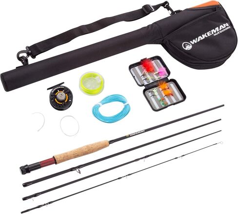 3-Piece Fly Fishing Rod and Reel Combo Starter Kit - 97-Inch Collapsible Fiberglass and Cork Fishing Pole with Case and Accessories by Wakeman (Black) in Saudi Arabia