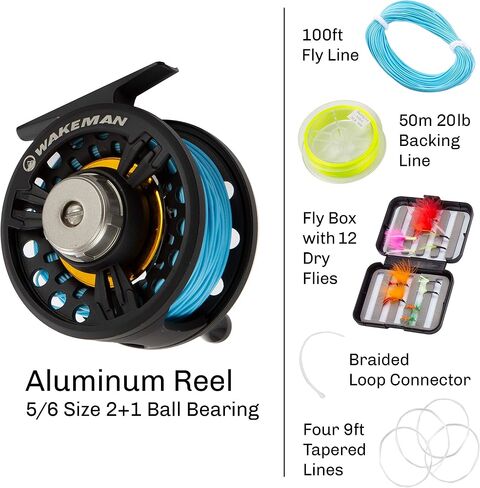 3-Piece Fly Fishing Rod and Reel Combo Starter Kit - 97-Inch Collapsible Fiberglass and Cork Fishing Pole with Case and Accessories by Wakeman (Black) in Saudi Arabia