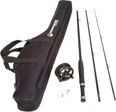 3-Piece Fly Fishing Rod and Reel Combo Starter Kit - 97-Inch Collapsible Fiberglass and Cork Fishing Pole with Case and Accessories by Wakeman (Black) in Kuwait