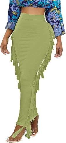 Lrady Women's Elastic Waist Slim Bodycon Side Tassels Long Maxi Pencil Skirts in Saudi Arabia
