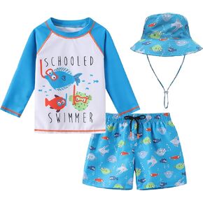 Toddlers and Baby Boys' 3-Piece Swimsuit Trunk Rashguard Set and Sun Hat Swimwear Bathing Suit Sunsuit Swim Shirt UPF 50+