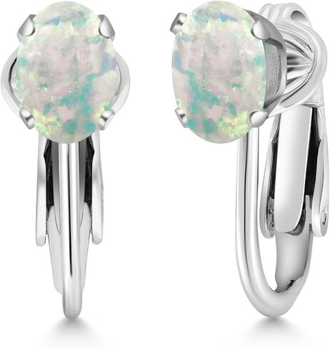 Gem Stone King 925 Sterling Silver White Simulated Opal Clip-On Earrings For Women (1.26 Cttw, Oval Cabochon 7X5MM) in Saudi Arabia