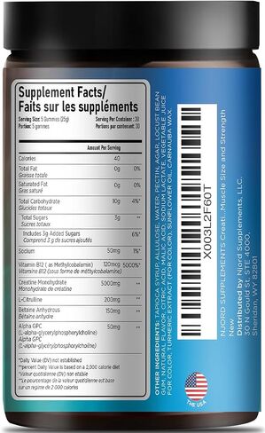 NJORD SUPPLEMENTS Creatine Monohydrate Gummy Candy, Sugar-Free, 30 Servings, 5g of Creatine Per Serving, Vegan, Gluten-Free, Bodybuilding Recovery Supplement to Increase Muscle Size and Strength in Saudi Arabia