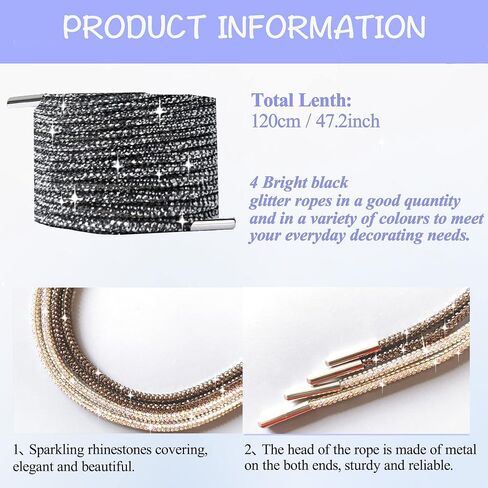 TUANZI Aesthetic Sparkly Shoelace, Glitter Black and Colorful Rhinestone Round Drawstring Rope for Decoration on Sneakers Sweatshirts Hoodies Boots Jackets Bags, 2Pairs (4Laces) in Kuwait