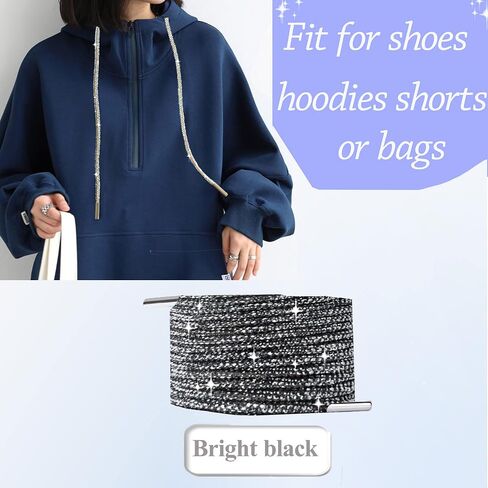 TUANZI Aesthetic Sparkly Shoelace, Glitter Black and Colorful Rhinestone Round Drawstring Rope for Decoration on Sneakers Sweatshirts Hoodies Boots Jackets Bags, 2Pairs (4Laces) in Kuwait