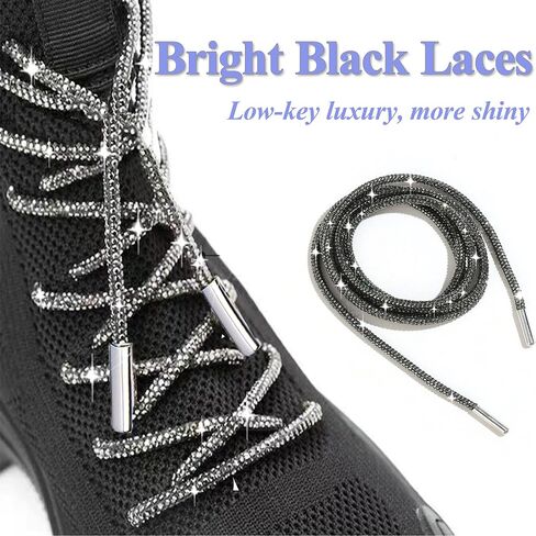 TUANZI Aesthetic Sparkly Shoelace, Glitter Black and Colorful Rhinestone Round Drawstring Rope for Decoration on Sneakers Sweatshirts Hoodies Boots Jackets Bags, 2Pairs (4Laces) in Kuwait