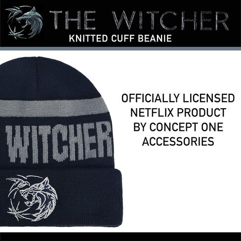 Concept One Netflix The Witcher Acrylic Knitted Cuff Beanie Hat with Gold Logo and Pom Pom, Black, One Size in Saudi Arabia