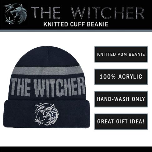 Concept One Netflix The Witcher Acrylic Knitted Cuff Beanie Hat with Gold Logo and Pom Pom, Black, One Size in Saudi Arabia
