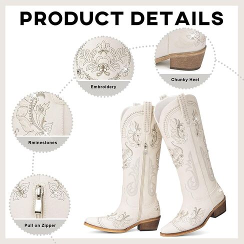 Cowboy Boots for Women - Wide Calf Knee High Cowgirl Boots, Glitter Sparkly Rhinestone Western Country Boots with Classic Embroidery, Pointed Toe Pull On Zipper Retro Boots in Kuwait