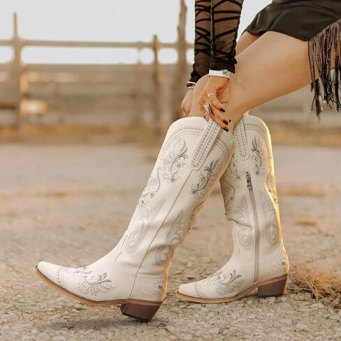 Cowboy Boots for Women - Wide Calf Knee High Cowgirl Boots, Glitter Sparkly Rhinestone Western Country Boots with Classic Embroidery, Pointed Toe Pull On Zipper Retro Boots in Kuwait