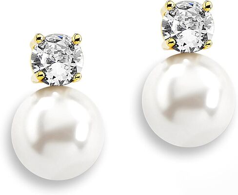 Mariell White Pearl Bridal Earrings with Cubic Zirconia Crystal Top, 9mm White Pearl Stud Earring, Perfect for Brides, Bridesmaids, Wedding Party and Everyday Wear, in Saudi Arabia