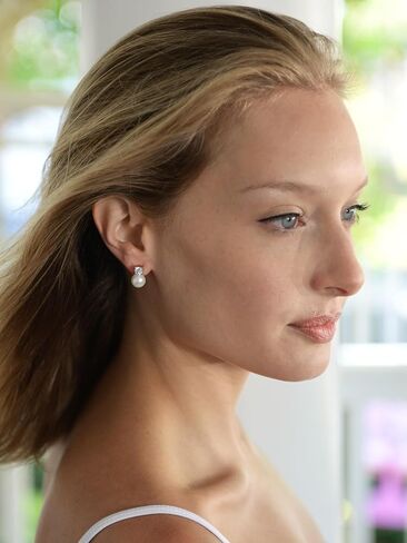 Mariell White Pearl Bridal Earrings with Cubic Zirconia Crystal Top, 9mm White Pearl Stud Earring, Perfect for Brides, Bridesmaids, Wedding Party and Everyday Wear, in Saudi Arabia