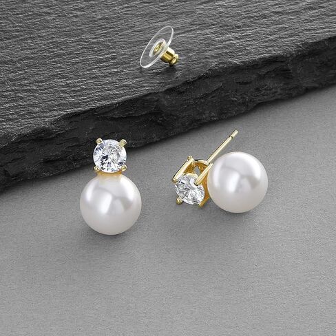 Mariell White Pearl Bridal Earrings with Cubic Zirconia Crystal Top, 9mm White Pearl Stud Earring, Perfect for Brides, Bridesmaids, Wedding Party and Everyday Wear, in Saudi Arabia