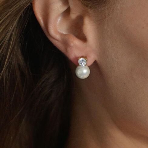 Mariell White Pearl Bridal Earrings with Cubic Zirconia Crystal Top, 9mm White Pearl Stud Earring, Perfect for Brides, Bridesmaids, Wedding Party and Everyday Wear, in Saudi Arabia