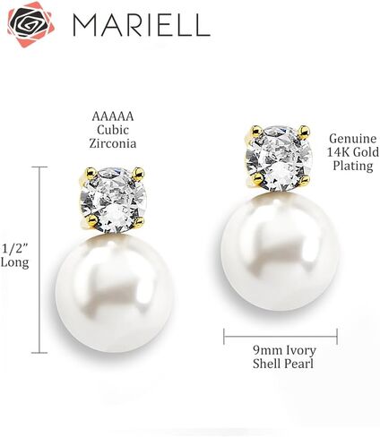 Mariell White Pearl Bridal Earrings with Cubic Zirconia Crystal Top, 9mm White Pearl Stud Earring, Perfect for Brides, Bridesmaids, Wedding Party and Everyday Wear, in Saudi Arabia