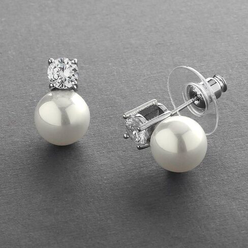 Mariell White Pearl Bridal Earrings with Cubic Zirconia Crystal Top, 9mm White Pearl Stud Earring, Perfect for Brides, Bridesmaids, Wedding Party and Everyday Wear, in Kuwait