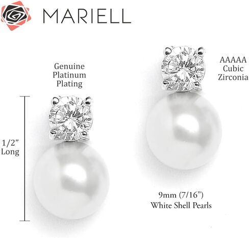 Mariell White Pearl Bridal Earrings with Cubic Zirconia Crystal Top, 9mm White Pearl Stud Earring, Perfect for Brides, Bridesmaids, Wedding Party and Everyday Wear, in Kuwait