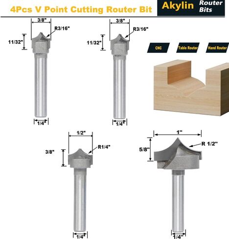 Akylin 4pcs Point Cutting Roundover Router Bit Set,1/2" Shank,Cutting Dia. 1/4“,3/8",1/2" and 1",Round-Over Plunge Cutter for Wood Plunging,Routing in Saudi Arabia