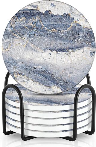 قواعد إيمرسون لامتصاص المشروبات - مجموعة قواعد أكواب للمشروبات من الحجر الطبيعي مع حامل، وقواعد لطاولة القهوة، نمط رخامي خشبي لحماية سطح الطاولة - شديدة التحمل بنسبة 100%، مجموعة من 6 قطع (أونيكس) in Kuwait