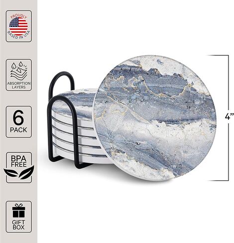 قواعد إيمرسون لامتصاص المشروبات - مجموعة قواعد أكواب للمشروبات من الحجر الطبيعي مع حامل، وقواعد لطاولة القهوة، نمط رخامي خشبي لحماية سطح الطاولة - شديدة التحمل بنسبة 100%، مجموعة من 6 قطع (أونيكس) in Kuwait