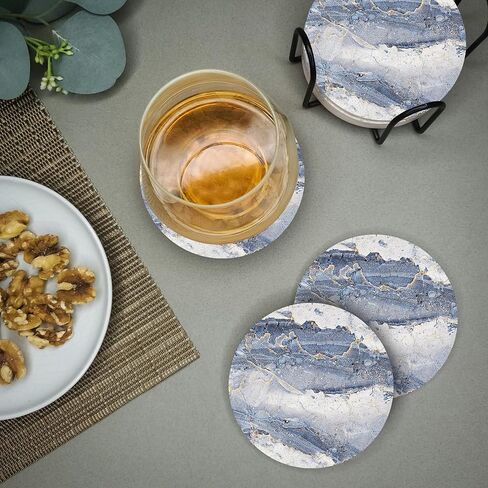 قواعد إيمرسون لامتصاص المشروبات - مجموعة قواعد أكواب للمشروبات من الحجر الطبيعي مع حامل، وقواعد لطاولة القهوة، نمط رخامي خشبي لحماية سطح الطاولة - شديدة التحمل بنسبة 100%، مجموعة من 6 قطع (أونيكس) in Kuwait