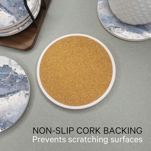 قواعد إيمرسون لامتصاص المشروبات - مجموعة قواعد أكواب للمشروبات من الحجر الطبيعي مع حامل، وقواعد لطاولة القهوة، نمط رخامي خشبي لحماية سطح الطاولة - شديدة التحمل بنسبة 100%، مجموعة من 6 قطع (أونيكس) in Kuwait