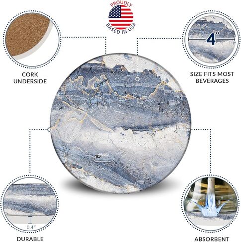 قواعد إيمرسون لامتصاص المشروبات - مجموعة قواعد أكواب للمشروبات من الحجر الطبيعي مع حامل، وقواعد لطاولة القهوة، نمط رخامي خشبي لحماية سطح الطاولة - شديدة التحمل بنسبة 100%، مجموعة من 6 قطع (أونيكس) in Kuwait