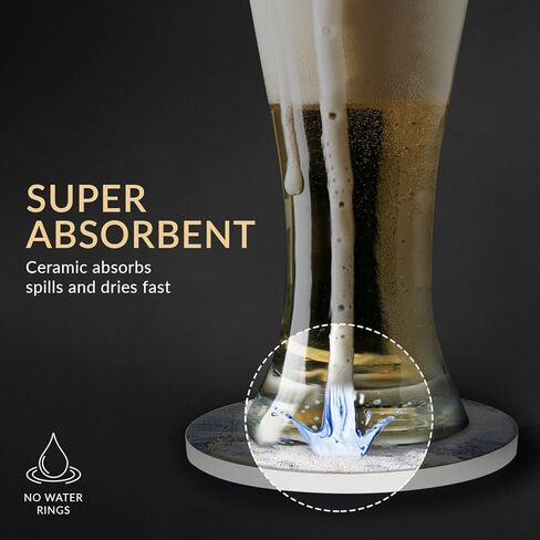 قواعد إيمرسون لامتصاص المشروبات - مجموعة قواعد أكواب للمشروبات من الحجر الطبيعي مع حامل، وقواعد لطاولة القهوة، نمط رخامي خشبي لحماية سطح الطاولة - شديدة التحمل بنسبة 100%، مجموعة من 6 قطع (أونيكس) in Kuwait